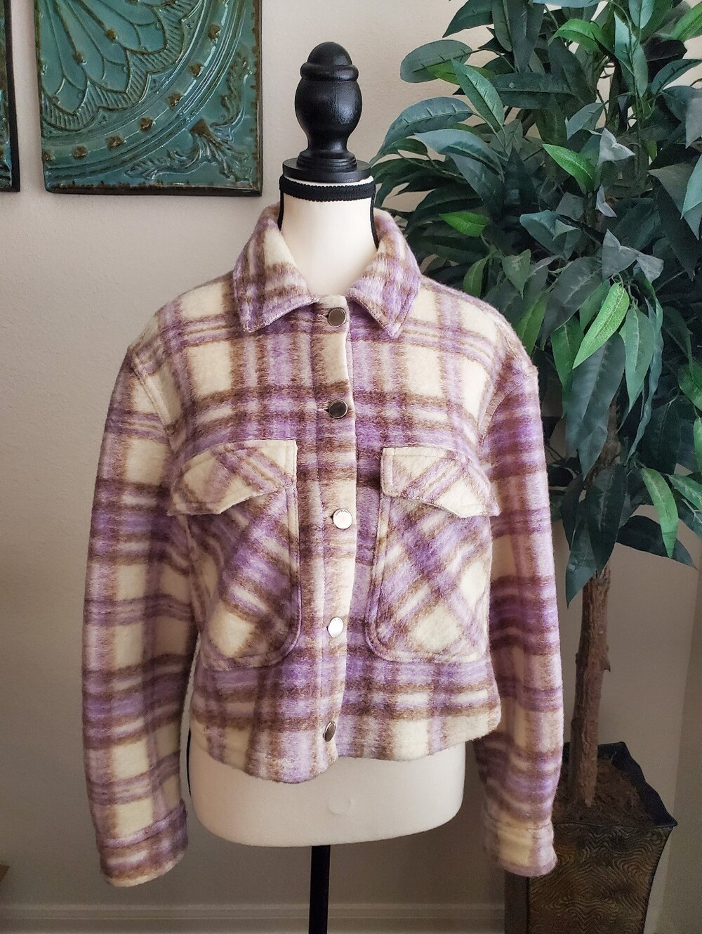 Zara Plaid Button-Front Cropped Shacket Jacket - Lavender/Cream S